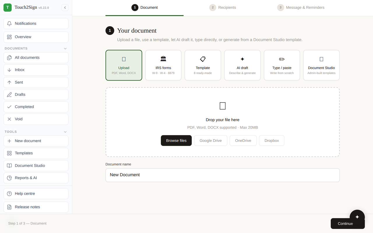 Touch2Sign compose — upload a document and place signature fields