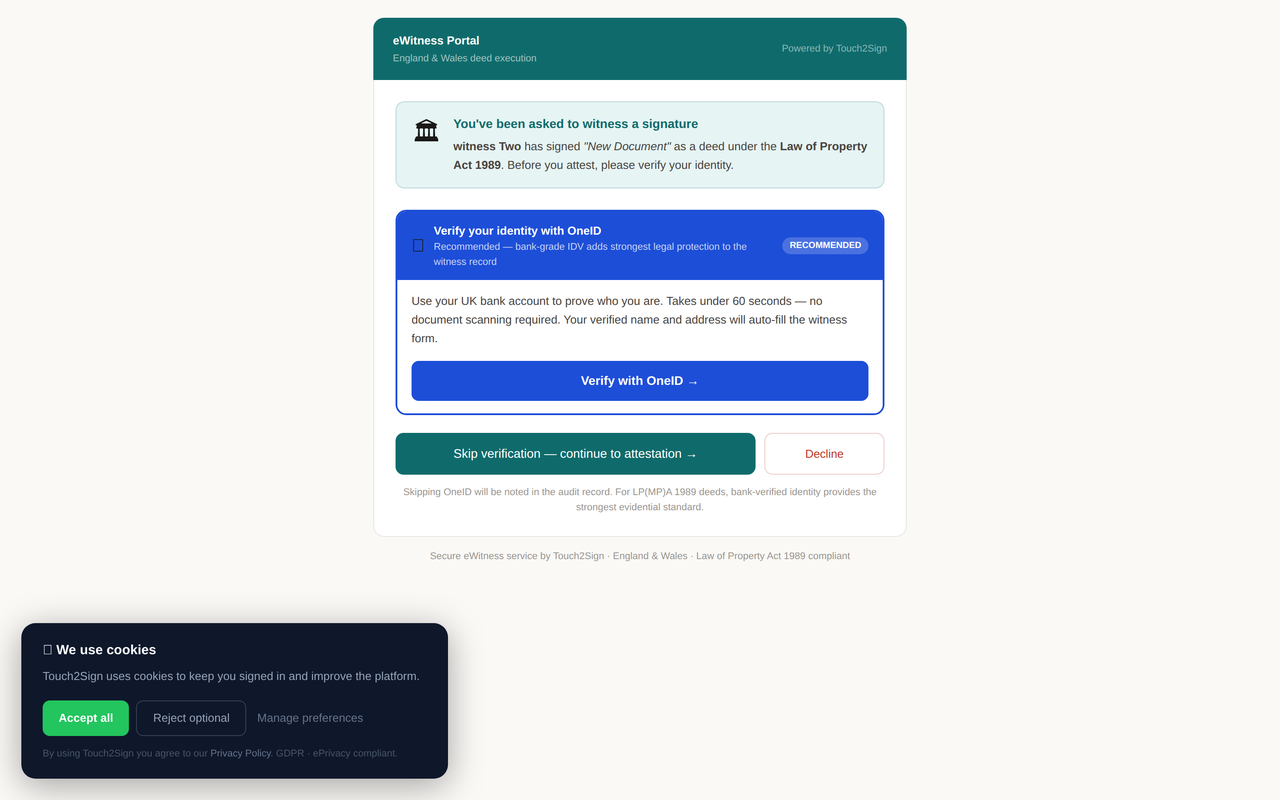Touch2Sign eWitness portal with identity verification